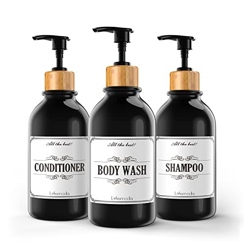 Lifemoda Shampoo And Conditioner Dispenser With Bamboo Pump, 3 Pcs Of 16 Oz Shampoo Conditioner Body Wash Dispensers, Refillable Shampoo And Conditioner Bottles With 6 Labels(Black) #TOP12