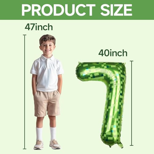Image of 40 Inch Giant Green Pixel Number 0-9 Foil Balloons, Large Number Balloons Birthday Party Decoration Supplies (Number 7)