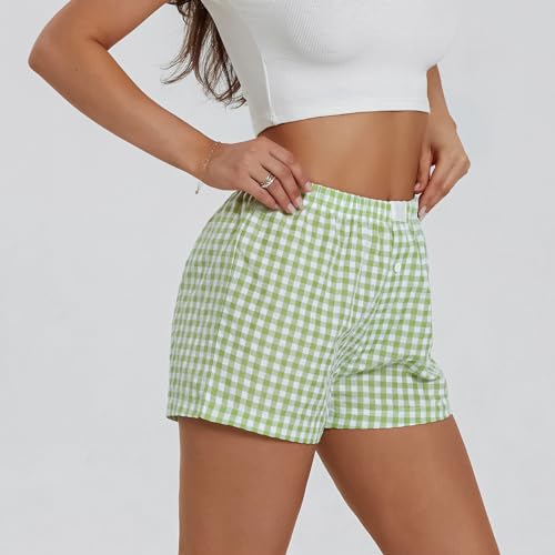 Image of Women Y2k Gingham Boxer Shorts Plaid Striped Cute Mini Bloomers Elastic Waist Loose Fit Summer Shorts