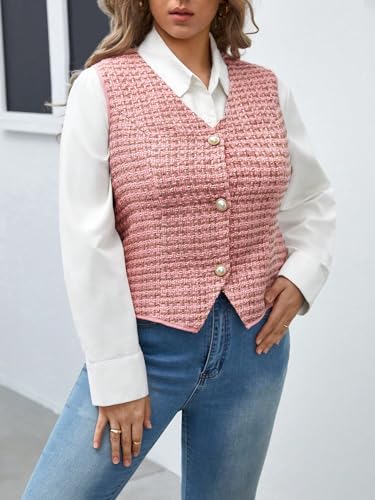 WDIRARA Women's Plus Size Plaid Print Tweed Waistcoat Button Front Sleeveless Vest Blazer Jackets3