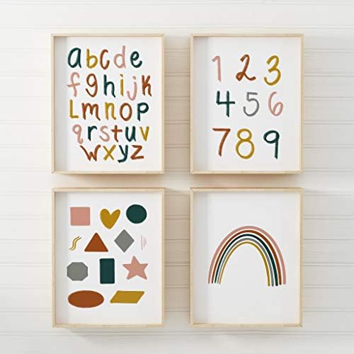 Tiny Human Print Co. Alphabet Wall Art Set of 4 (11x14) | Alphabet, Numbers, Shapes & Rainbow Wall Art | Retro Colors | Kids Playroom, Baby Nursery Room, or Child's Bedroom