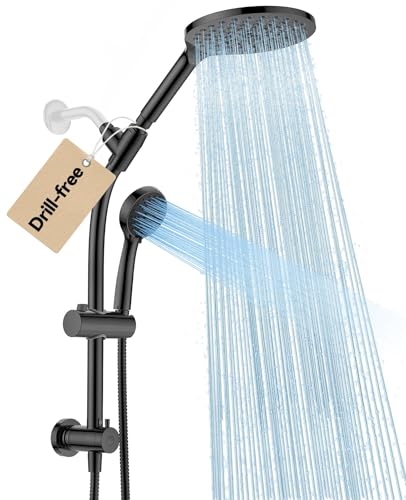 MakeFit Drill-free Dual Shower Head with Handheld Combo Rainfall Shower Head Easy Reach 3-way Diverter Stainless Steel Slide Bar with Height Adjustable Holder Adjustable Rain Showerhead (Black)