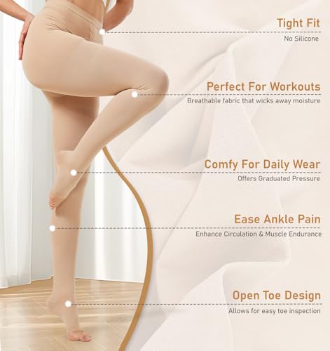 Image of NURCOM 15-20 mmHg Compression Pantyhose for Women & Men, Open Toe Medical Compression Stockings, Waist High Opaque Compression Tights, Graduated Support for Edema, Varicose Veins, Swelling, Pregnant