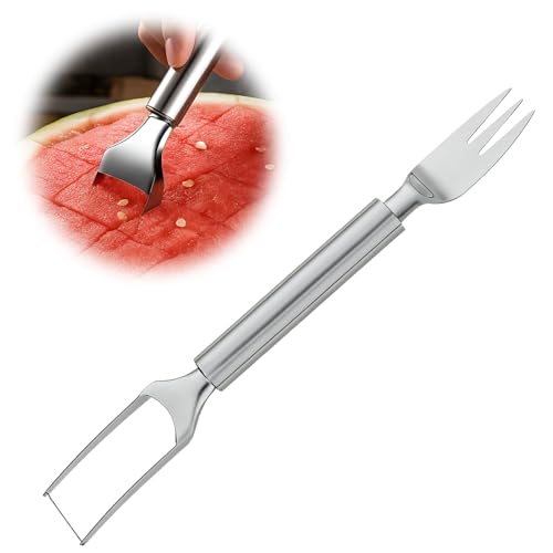 wilcractk 2 en 1 Cortador de Sandia de Acero Inoxidable, Tenedor de Frutas de Doble Cabeza para Cocinar, Acampar, Fiestas Familiares (1 Pieza)