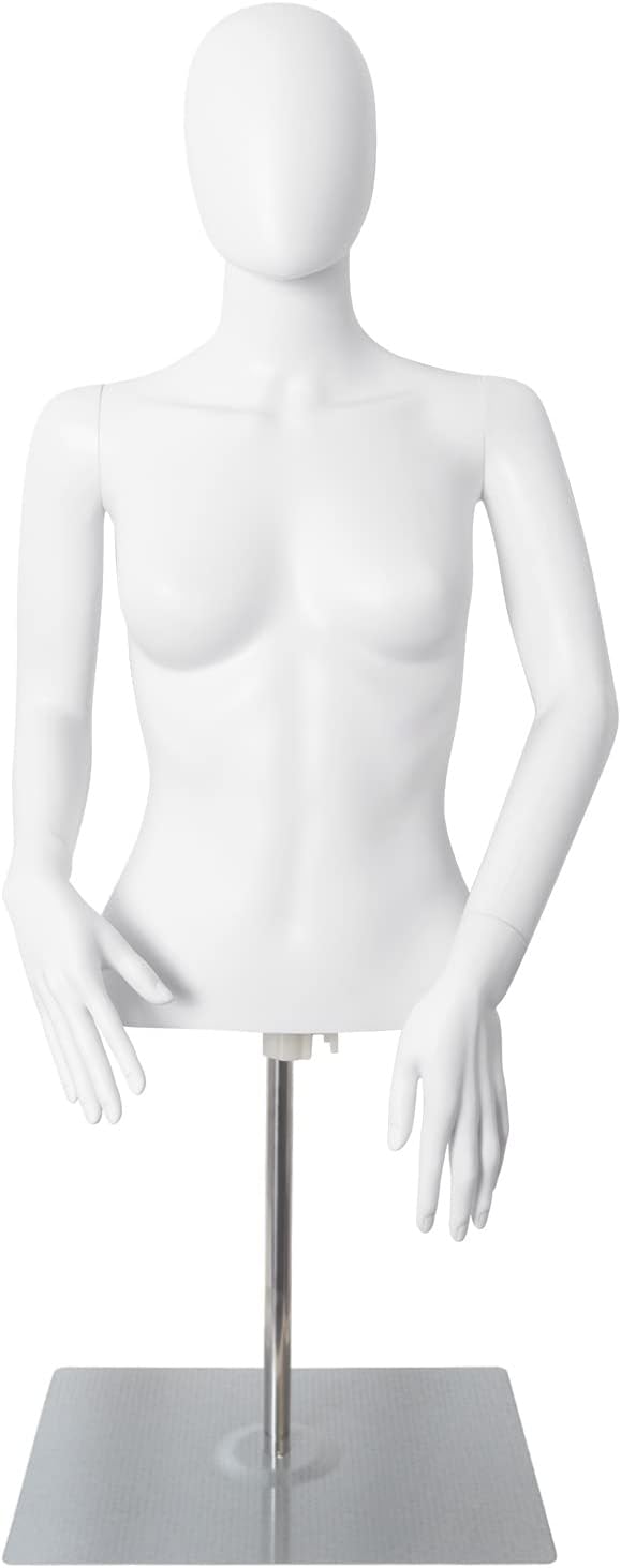 SHAREWIN Half Body Mannequin Torso with Stand Female Dress Form Plastic Detachable Manikin Stand Height 30”-46” High Stability Metal Base