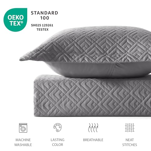 EXQ Home Quilt Set Twin Size Grey 2 Piece,Lightweight Soft Coverlet Modern Style Squares Pattern Bedspread Set for All Season(1 Quilt,1 Pillow Shams)