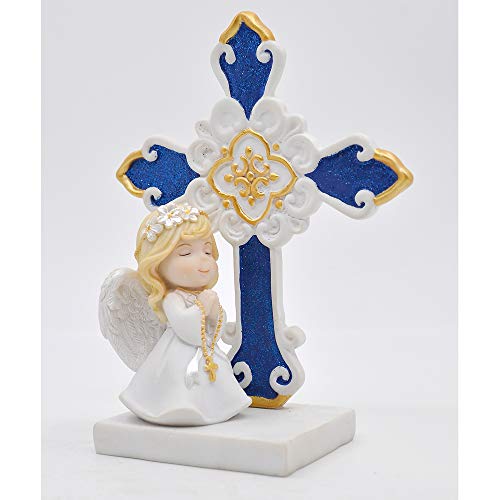 Comfy Hour 6" Polyresin Figurine Praying Angel Girl With Rosary Kneeling At A Cross Decoration For Christmas, Communion And Nativity, Multicolor, Faith And Hope Collection #TOP1