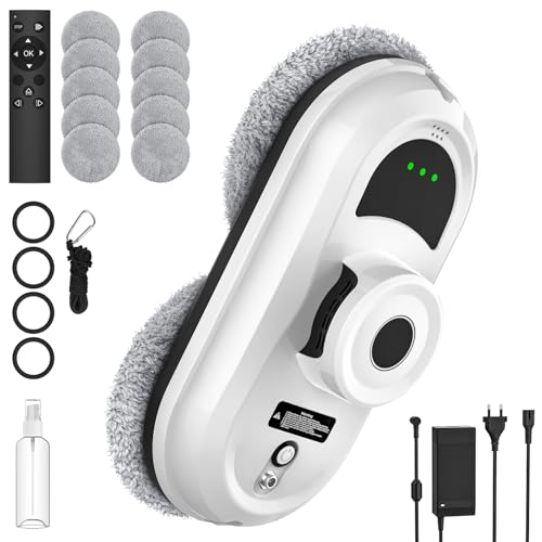 Robot Limpiacristales, 5600Pa Robot Limpieza de Ventanas Electrico Con Sistema de Seguridad, Navegación Inteligente, Control Remoto, Detección de Bordes, para Todas Las Superficies Lisas, con 10 Trapo