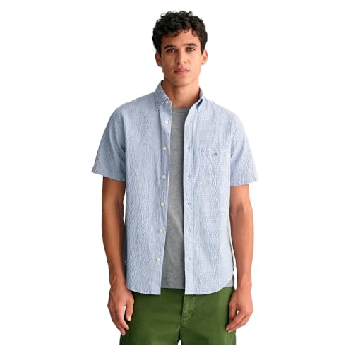 GANT Men`s Seersucker Stripe Short Sleeves Shirt-3240064-Rich Blue-M