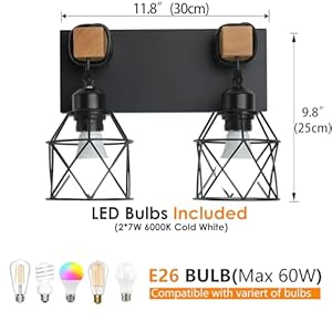 Farmhouse Vanity Light Fixture2 Light Bathroom LightingBlack Industrial Wood Wall Light Over Mirror with Metal ShadeLED Bulbs Included