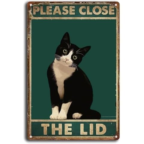 Duetom Black Cat Please Close The Lid Bathroom Restroom Vintage Metal Aluminum Sign Retro Toilet Paper Tuxedo Cat Poster 8x12 Inch Cover