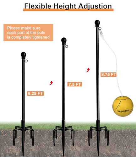 Garbuildman Tetherball Set with Ball & Rope for Outdoor Backyard, Adjustable Tether Ball Pole with Reinforced 5-Prong Base for Playground, Outside Ball Games Sports for Kids & Adults, 8.75 FT, Black