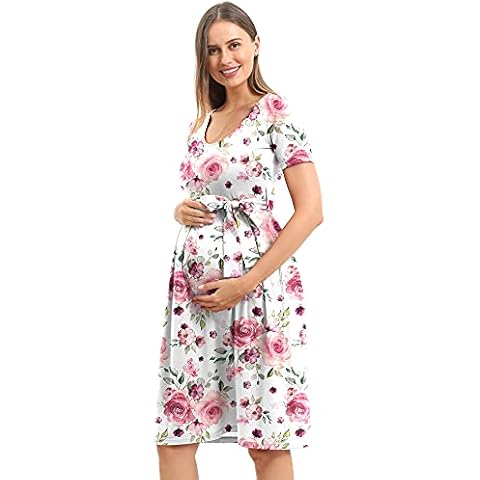 SUNNYBUY Women's Maternity Dresses Casual Maternity Swing Dress Pregnancy Clothes Knee Length with Belt,Rose Print-S Cover