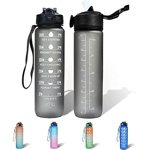 Sports Water Bottle 1L With Straw BPA Free Tritan Non-Toxic Plastic Drinking Bottle, Leakproof Design for Sports, Fitness, Outdoor, Cycling (Grey) Cover