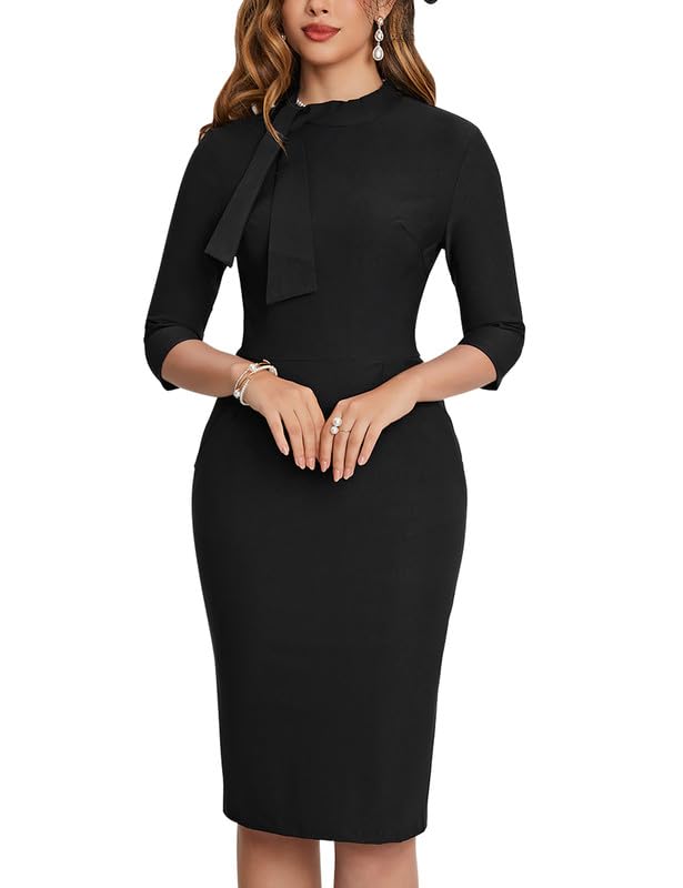MUXXN Womens Midi Pencil 1950s Vintage Cocktail 3 4 Sleeve Tie Neck Bodycon Mid-Calf Dress with Pockets