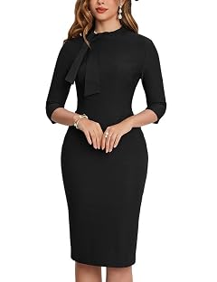 MUXXN Womens Midi Pencil 1950s Vintage Cocktail 3 4 Sleeve Tie Neck Bodycon Mid-Calf Dress with Pockets