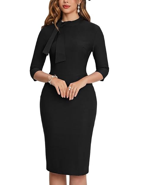 MUXXN Womens Midi Pencil 1950s Vintage Cocktail 3 4 Sleeve Tie Neck Bodycon Mid-Calf Dress with Pockets
