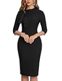 Women's Midi Pencil 1950s Vintage Cocktail 3/4 Sleeve Tie Neck Bodycon Mid-Calf Dress with Pockets