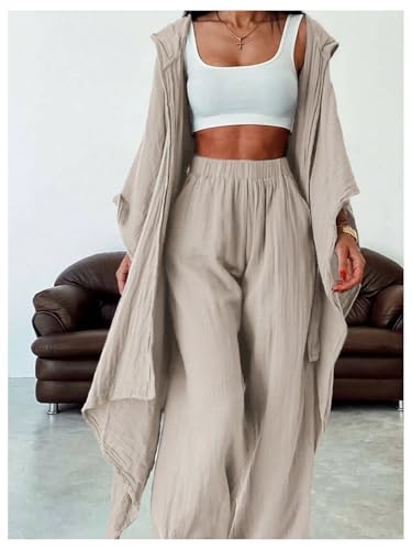 SOLY HUX Women's 2 Piece Outfit Hooded Kimono Flowy Cardigan High Waisted Pants Casual Suits2