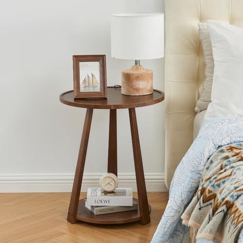 Image of Uniclinens Round End Table, Solid Wood Round Side Coffee Table, Small Bedside Nightstand for Living Room Bedroom, Walnut