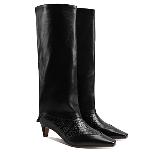MOOMMO Vintage Kitten Heel Square Toe Knee High Boots Wide Calf Women Pull On Leg Boots Black Crocodile Matte Leather Patchwork Cap Toe Dress Boots Fashion Wedding Party Office Black Size 8.5 M US