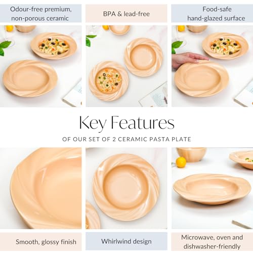 Image of Nestasia Ceramic Pasta Plates Set of 2 (300ml Each) | Microwave & Dishwasher Safe Serving Plate with Flared Rim Whirlwind Design - Ideal for Serving Pasta, Maggie & Noodles (Novelle Peach)