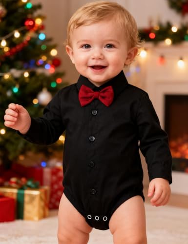 A&J DESIGN Infant Baby Boys Dress Shirt Bodysuit Gentleman Formal Wedding Long Sleeve Rompers2