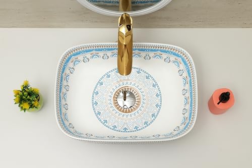 Image of Moroccan Design Ceramic Tabletop Wash Basin | Countertop Vessel Sink | Wash Basin over counter For Bathroom Hotel Home (18x13x5.5 Inch) (TORO 4014) (Moroccan Design 110)
