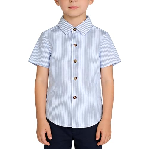 Boys Striped Button Down Dress Shirts Short Sleeve Regular Fit Formal Uniform Shirt with Pocket Kids Baby Stand Collar Shirt (Light Blue, 3-4 Years)