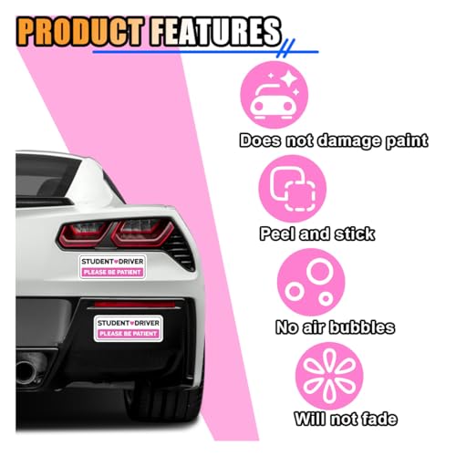 Image of Student Driver Sticker Decal, Non-Magnetic Car New Driver Sticker for Car, Please Be Patient Student Driver Safety Sign & Vehicle Warning Sign, Removal Pink Vehicle Bumper Sticker (4PCS)