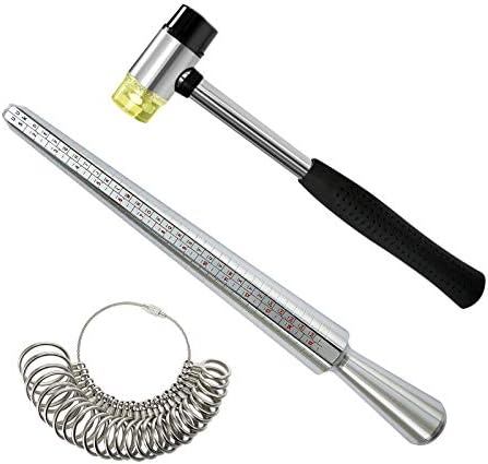 DHSDING Ring Sizer Measuring Tool - Ring Mandrel Gauge Jewelry Rubber Hammer Mallet Finger Sizer Tool 3 PCs Steel Ring Sizer Tool Set