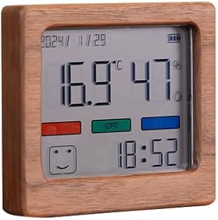 Walnut Wood Digital Hygrometer & Thermometer with Clock, Date, Comfort Level Indicator, Emoji Display, and USB Rechargeable – Compact Indoor Temperature & Humidity Monitor for Home, Office, Nursery