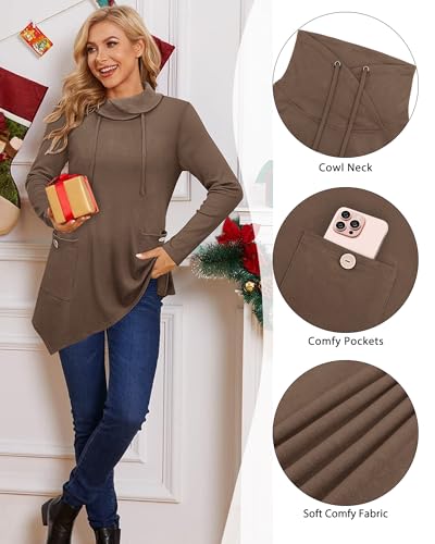 Image of Bulotus Womens Sweaters 2025 Winter Cowl Neck Long Asymmetrical Tunic Sweaters for Leggings Holiday Vacation Tops