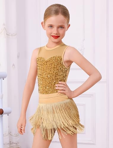 IWEMEK 2PCS Latin Jazz Hip Hop Dance Outfits for Girls Sequin Velvet Fringe Bodysuit Tassel Skirt Ballroom Dress Dancewear, Gold, 9-10 Years