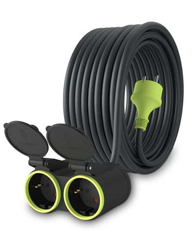 MutecPower 15m Verlängerungskabel mit 2 schuko steckdosen für den aussenbereich IP44 H05RR-F3G 1 5mm doppel-verlängerung mit 2 schutzkontakt buchsen 2-Fach Outdoor verteiler 15 Meter schwarz/grün