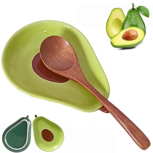 Ceramic Spoon Rest for Stove Top & Kitchen Counter Spoon Holder for Stove & Cooking Spoon Holder for Ladle Cute Coffee Spoon Rest Utensil Rest Spatula Rest, Green Avocado Kitchen Decor & Accessories