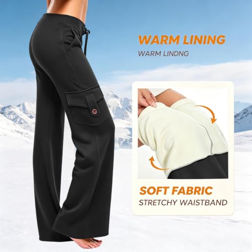 YMADREIG Womens Fleece Lined Sweatpants High Waisted Flare Yoga Pants | Thermal Winter Workout Pants, Soft Sherpa Lining, Drawstring Cargo Pants with Pockets, Flare Leg, Cold Weather Activewear — view 4