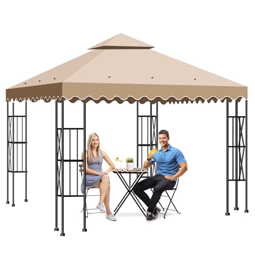 Qdreclod 10'X10' Gazebo Canopy Top Replacement Double Tier Canopy Replacement Top Cover with Air Vent Grill Top Roof for Outdoor Shop Garden Yard Pavilion Cover Sunshade Khaki