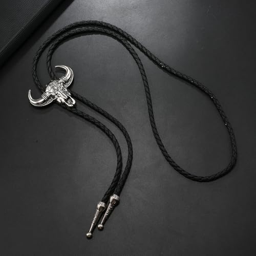 Image of Joxevyia Bolo Tie for Men Vintage Cow Skull Leather Rope Western Cowboy Necktie Vintage Bola Tie Gift for Him