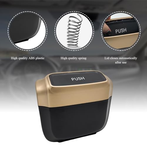 Image of Car Trash Can with Lid, Mini Hanging Push Car Garbage Container with 30 Trush Bags, Portable Leakproof Rubbish Organizer for Most Vehicles Office Home, Car Accessories (Golden)