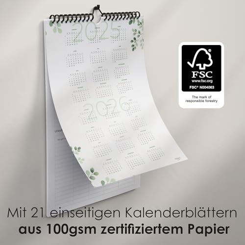 Familienplaner 2026 - Familienkalender & Wandkalender 2026 für Zuhause, Büro und Familie - Jahreskalender 2026 - bis einschließlich Dezember 2026 - Praktischer Kalender für Wand Grünpflanzen