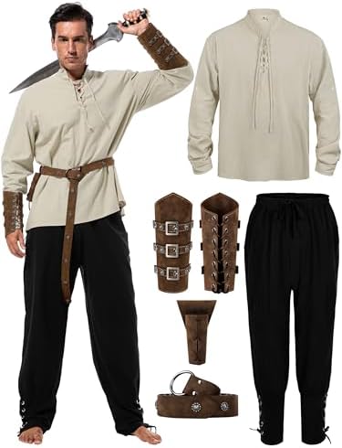 Renaissance Costume Men, Medieval Costume Men Renaissance Outfit Viking Shirt Pants Halloween Belt Accessories