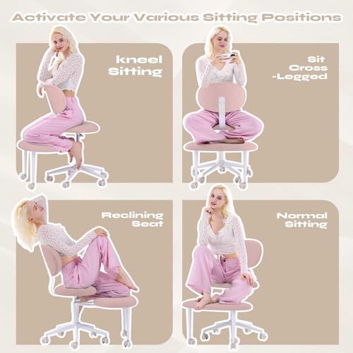 Image of Pinmoco Ergonomic Cross Legged Office Chair with Wheels, ADHD Chair for Adults, Meditation Chair, Yoga Office Chair, Comfortable Back Support, Height Adjustable,Small Spaces, Teddy Fabric, Pink
