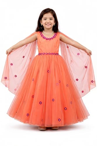 Image of Stanwells Kids Dress for Girls Embroiderd Full Length Frock for Baby Girls Flower Gown Ruffle Pattern Back Zipper Beautiful Sleeveless Birthday Dress for Girls Coral (1-9 Years)