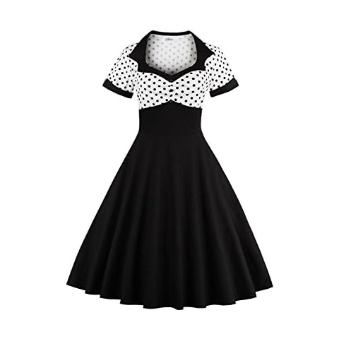 Yacun Women's Vintage 1940s Polka Dot Fit and Flare Midi Swing Party Dress Black 4XL Cover