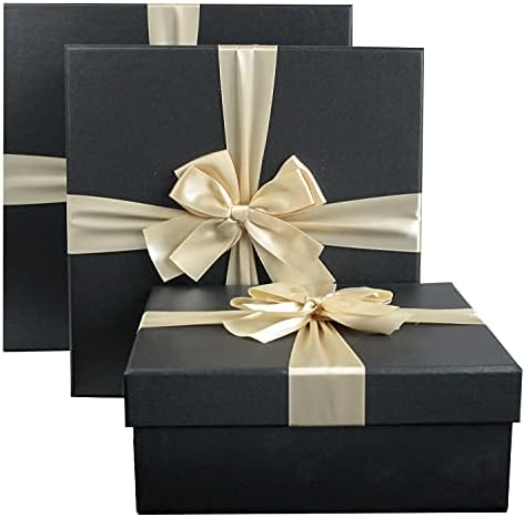 Emartbuy Set of 3 Rigid Presentation Gift Box, Textured Burgundy Box with Black Lid, Brown Interior and Striped Decorative Ribbon
