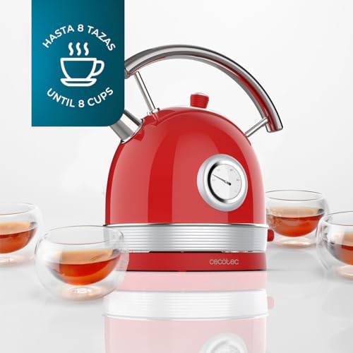 Cecotec bouilloire électrique Thermosense 420 Vintage Light Red de 1,8 litres. 2200 W, 8 tasses de thé, thermomètre intégré, style vintage, 360 degrés, acier inoxydable