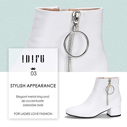 Idifu Women Ring Zipper Ankle Boots 1.8 Inch Low Block Heels Round Toe Dress Booties (White Pu, 10 M Us) #TOP4