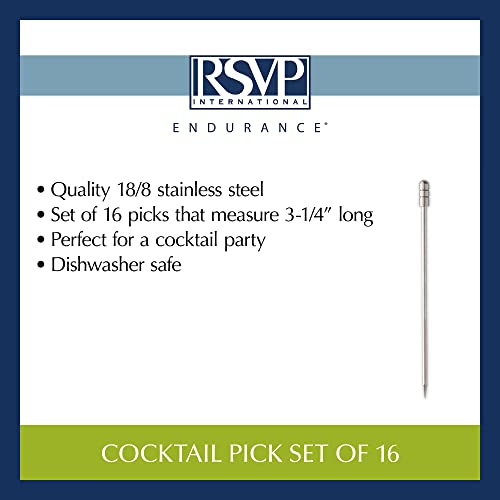 Rsvp International Endurance Collection 18/8 Stainless Steel Cocktail Picks For Drinks And Appetizers, Reusable & Dishwasher Safe, 16 Piece Set, 3-1/4 Inch #TOP5