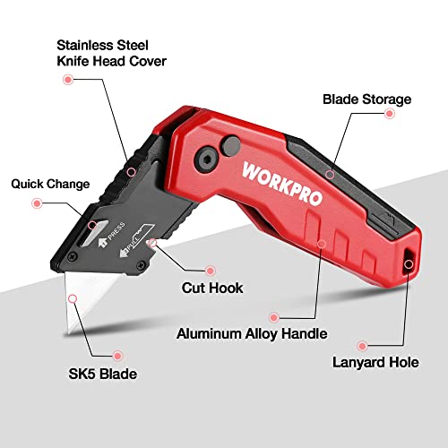 Workpro Folding Utility Knife, Quick Change Box Cutter, Razor Knife For Cartons, Cardboard, Boxes, Blade Storage In Aluminum Handle, 13 Extra Blades Included (Red) #TOP2